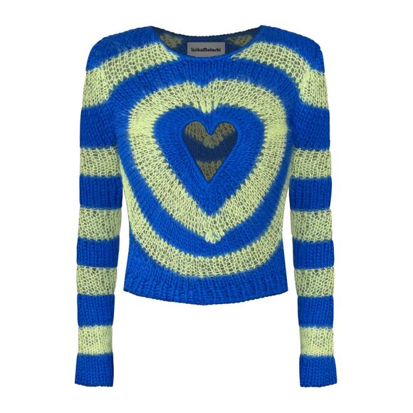 Lirika Matoshi Blue Yellow Radiant Heart Cutout Crochet Knit Fuzzy Sweater XL - Picture 2 of 7